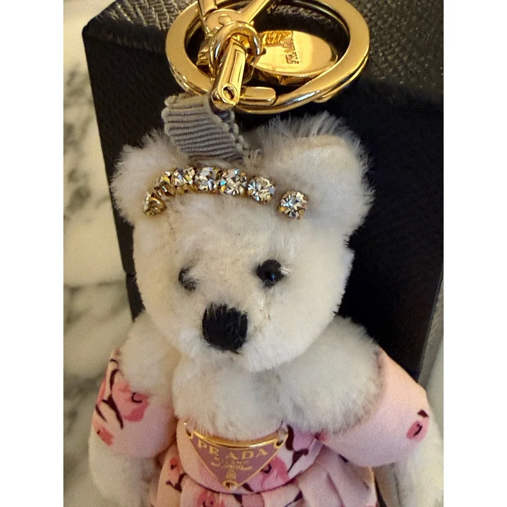 Prada Trick Orsetto Mary Rose Bear Keychain Charm Bianco Pink Floral 1TR046